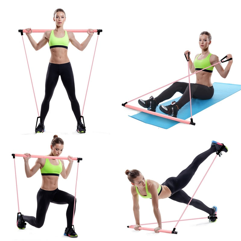 Barra de pilates con bandas elásticas para entrenar en casa