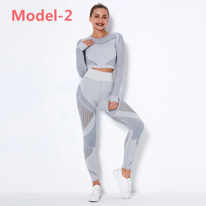 Conjunto deportivo sin costuras de mujer: top de manga larga y leggings
