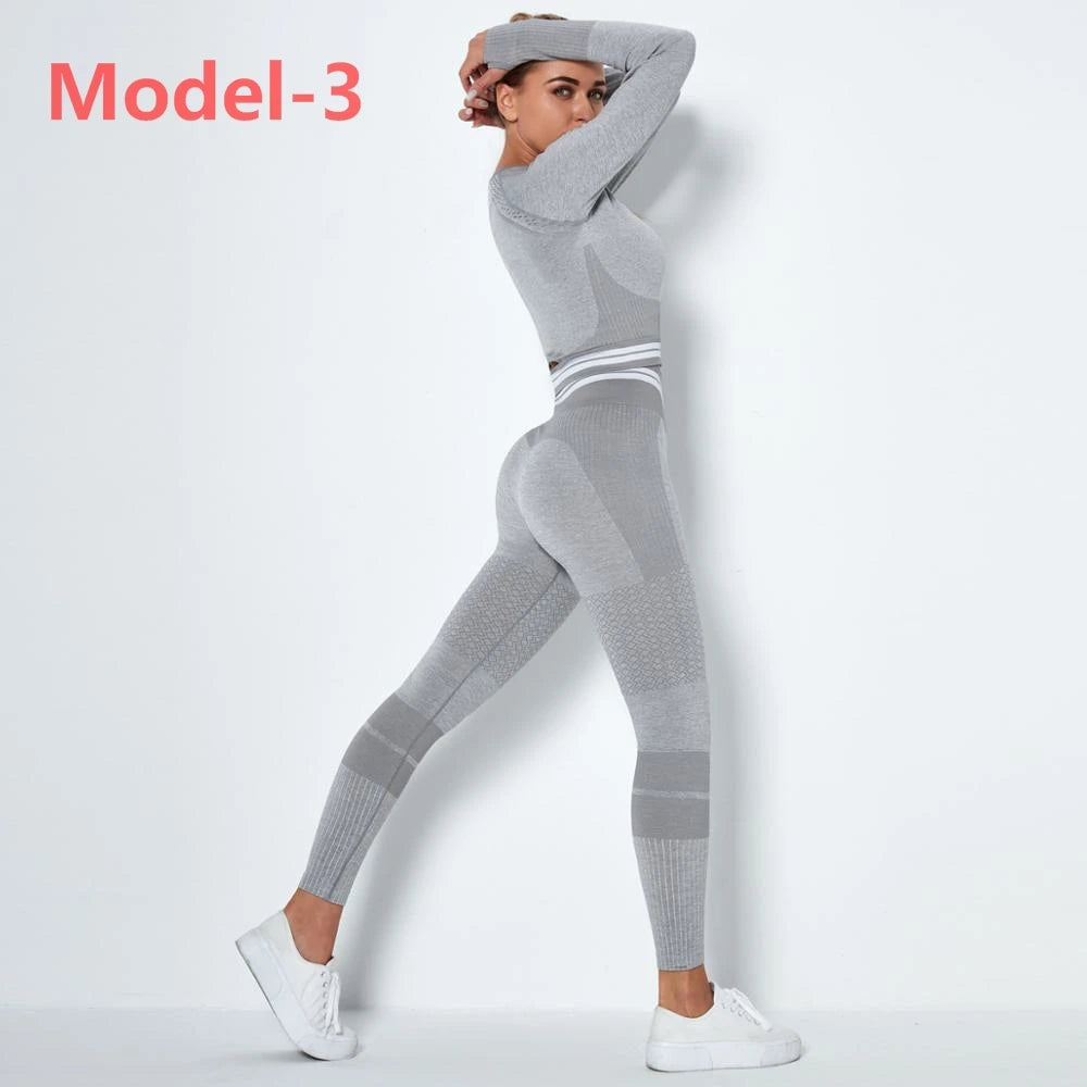 Conjunto deportivo sin costuras de mujer: top de manga larga y leggings