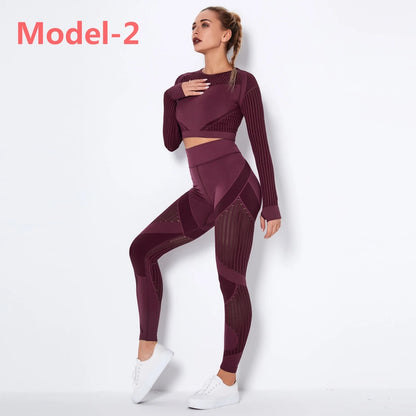 Conjunto deportivo sin costuras de mujer: top de manga larga y leggings