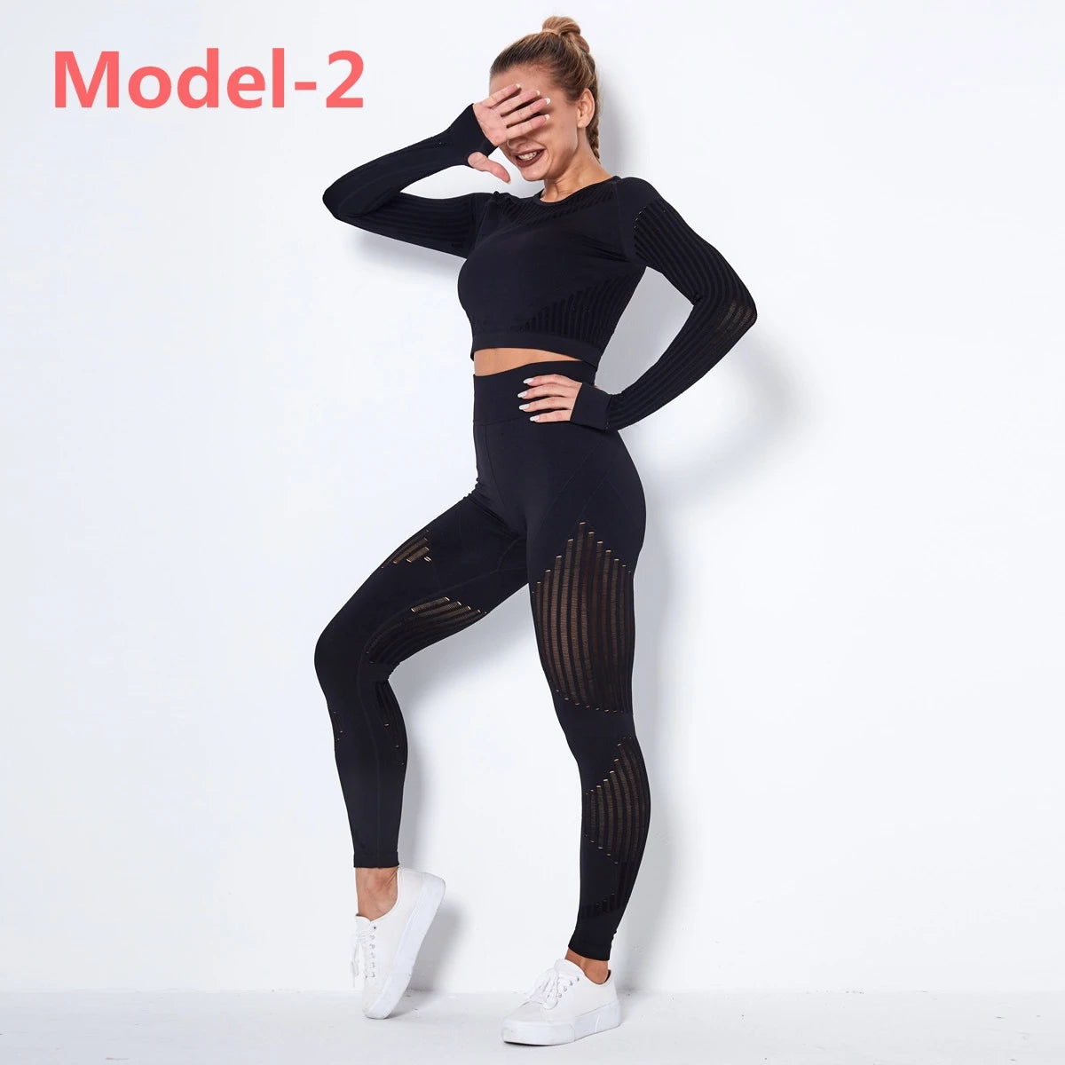 Conjunto deportivo sin costuras de mujer: top de manga larga y leggings