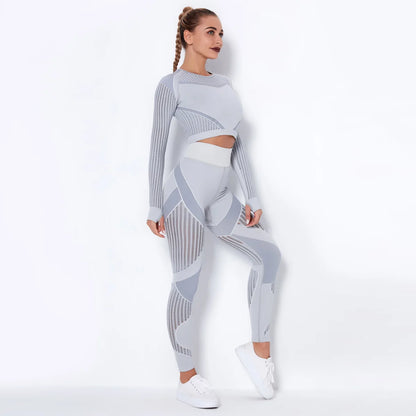 Conjunto deportivo sin costuras de mujer: top de manga larga y leggings