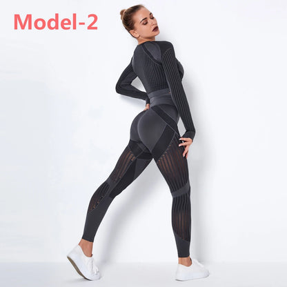 Conjunto deportivo sin costuras de mujer: top de manga larga y leggings