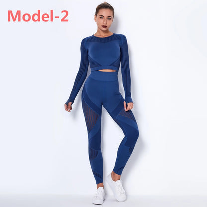 Conjunto deportivo sin costuras de mujer: top de manga larga y leggings