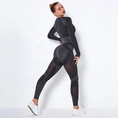 Conjunto deportivo sin costuras de mujer: top de manga larga y leggings